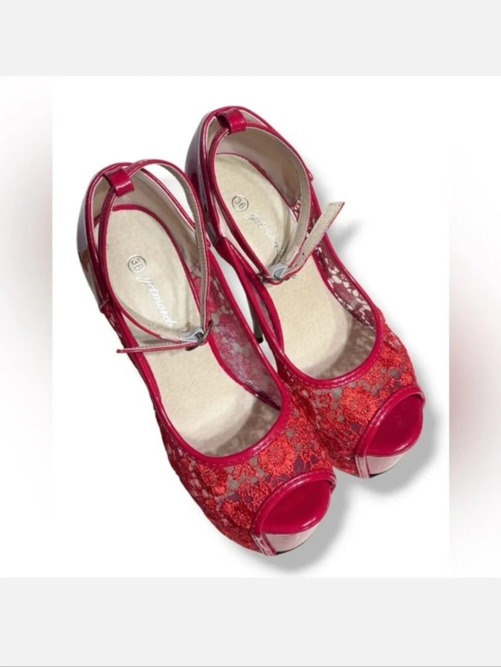 GETMOREBEAUTY Red Lace & Patent Leather Platform Stilettos Ankle Strap Size 36/6